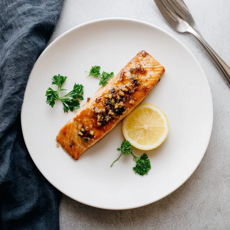 Four servings of Honey Garlic Glazed Salmon paired with lemon wedges and steamed vegetables on a plate.