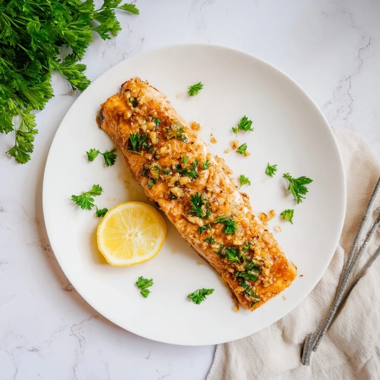 A close-up of tender Honey Garlic Glazed Salmon fresh from the oven, showing flaky texture and garlic butter sauce.