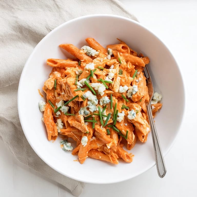 Buffalo Chicken Pasta served in a skillet, garnished with fresh chives and extra blue cheese for tangy flavor.