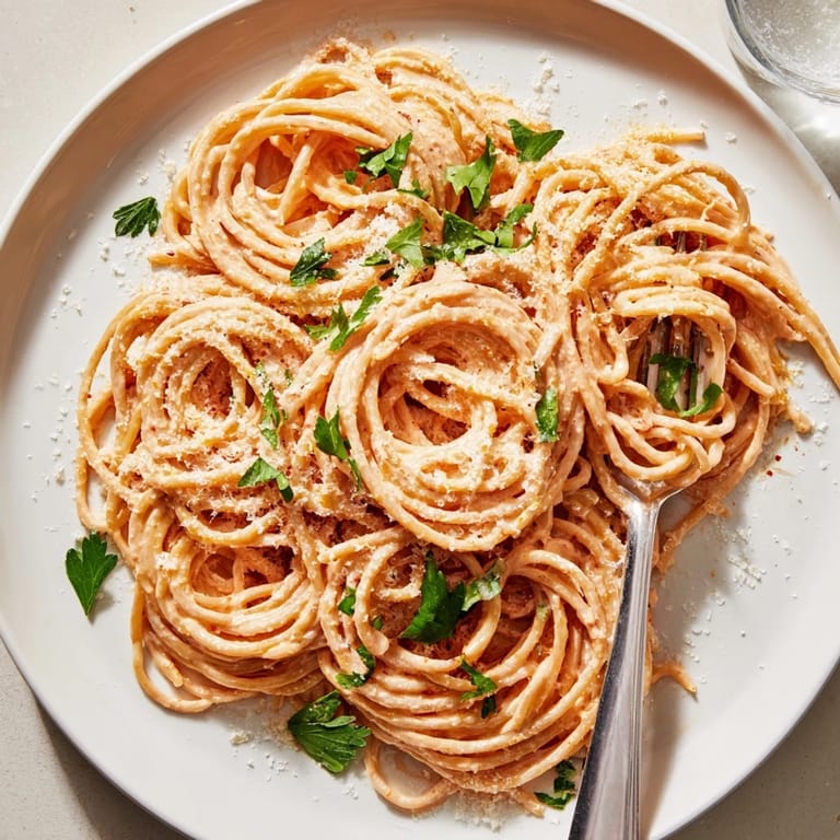 Sriracha Honey Pasta served in a bowl, featuring al dente fettuccine coated in a vibrant orange, creamy sauce.  