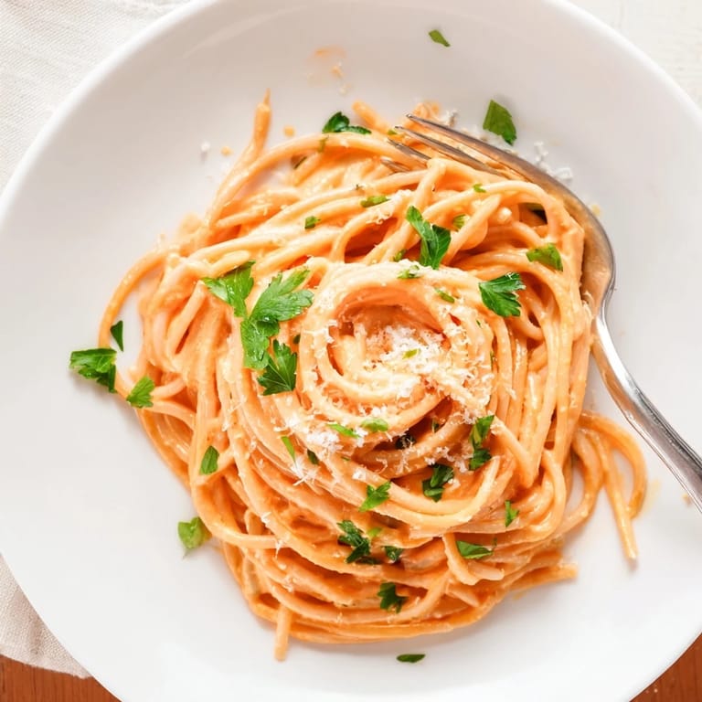 A close-up of Sriracha Honey Pasta showcasing glossy noodles, specks of garlic, and a sprinkle of red pepper flakes.