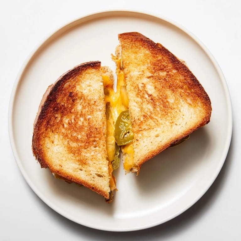 Warm, gooey Cheddar Jalapeño Grilled Cheese oozing with sharp cheese and tangy peppers, served beside a creamy bowl of tomato soup. 