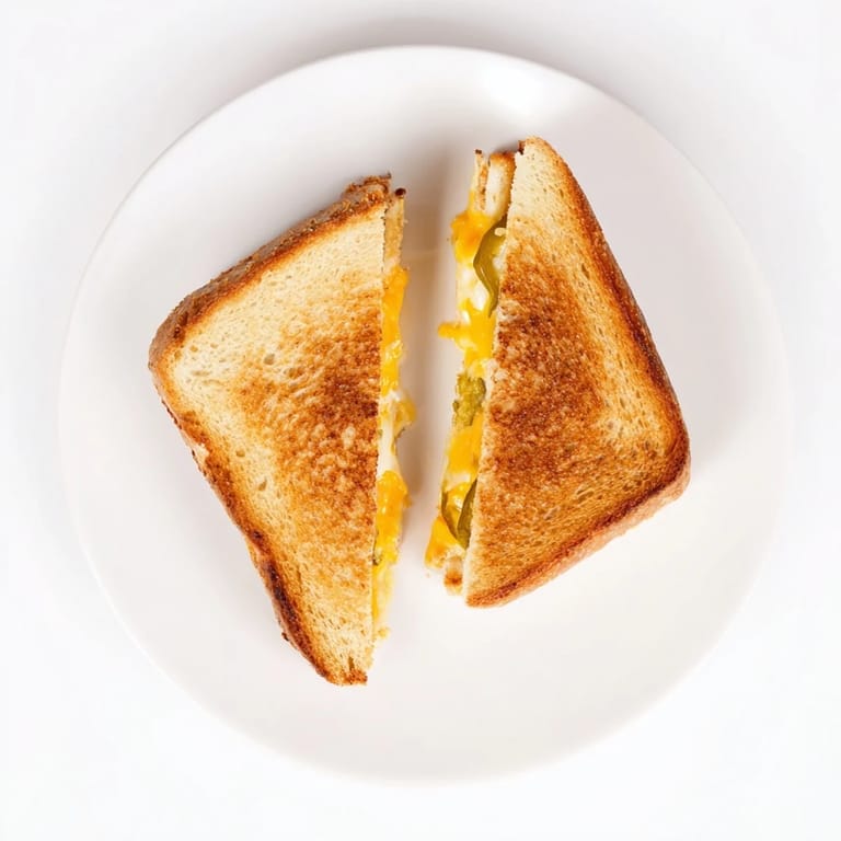 Freshly grilled Cheddar Jalapeño Grilled Cheese sandwich featuring melted cheese and vibrant pickled jalapeños on buttery, golden-brown bread.