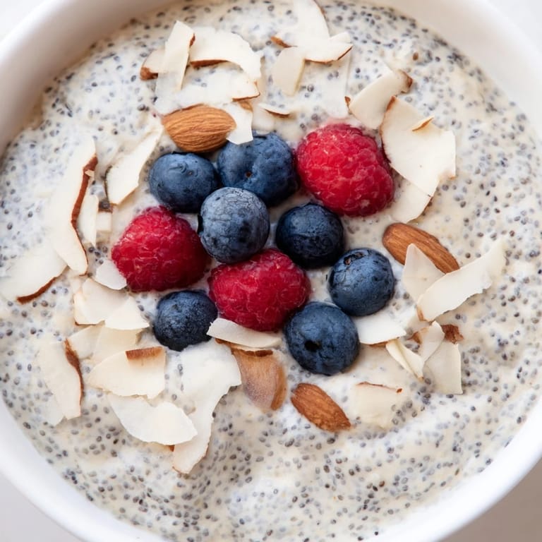Poppy Seed Chia Pudding served in a white bowl, garnished with raspberries and shredded coconut for a healthy breakfast.  