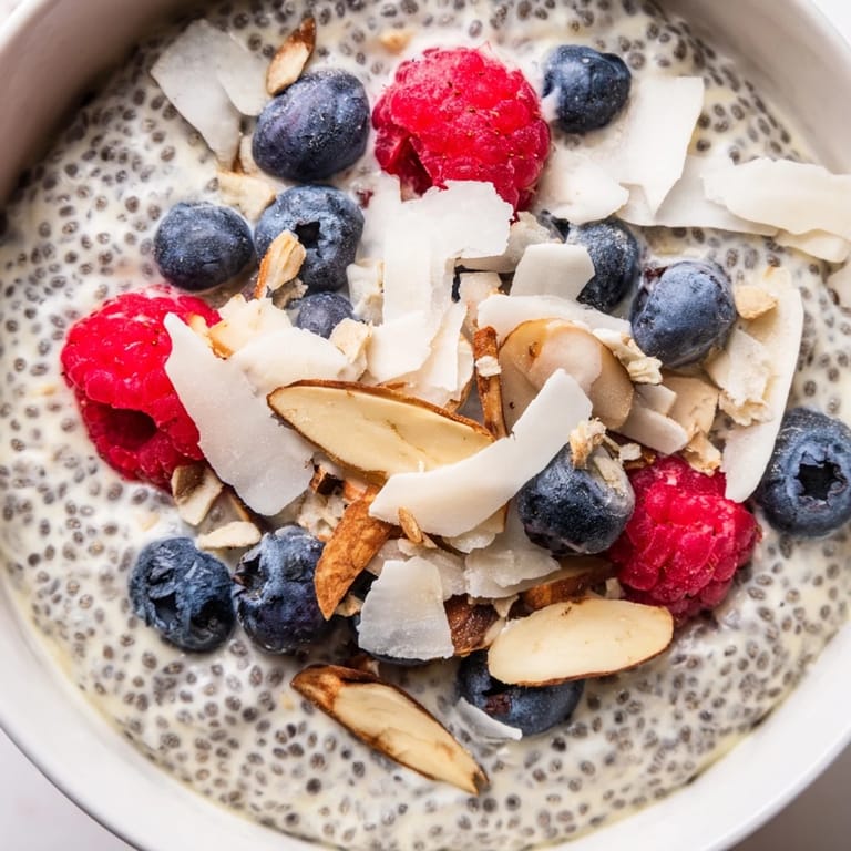 Thickened Poppy Seed Chia Pudding with a subtle crunch, spooned into a jar beside fresh berries and maple syrup.