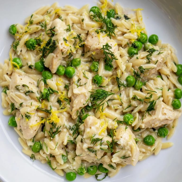 Golden-brown chicken thighs and fluffy orzo pasta filling a one-pan skillet, garnished with dill and lemon zest for a spring dinner.  