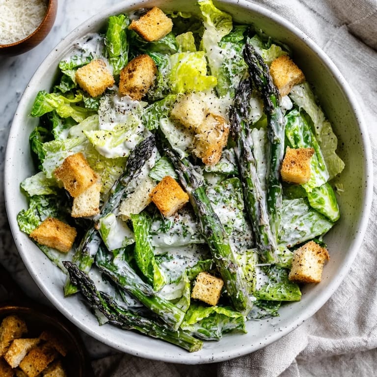 Golden roasted asparagus and crunchy homemade croutons are arranged over chopped romaine in a large salad bowl with shaved Parmesan cheese.
