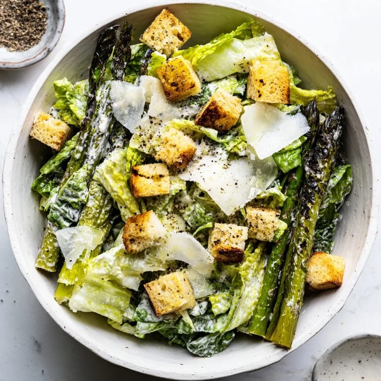 A close-up of this Roasted Asparagus Caesar Salad shows tender green spears, crisp lettuce, and a rich creamy dressing ready to be served.