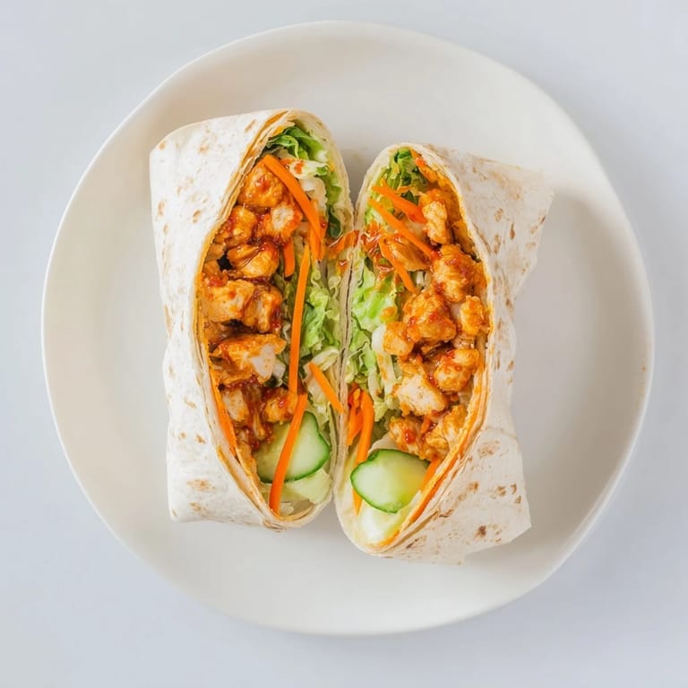 Soft wrap packed with spicy honey-glazed chicken, crunchy vegetables, and a drizzle of creamy sauce, sliced diagonally on a wooden board.