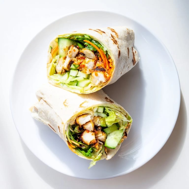 Fresh Honey Chili Crunch Chicken Wrap with juicy pan-seared chicken, vibrant veggies, and chili crisp drizzle, perfect for a satisfying meal.
