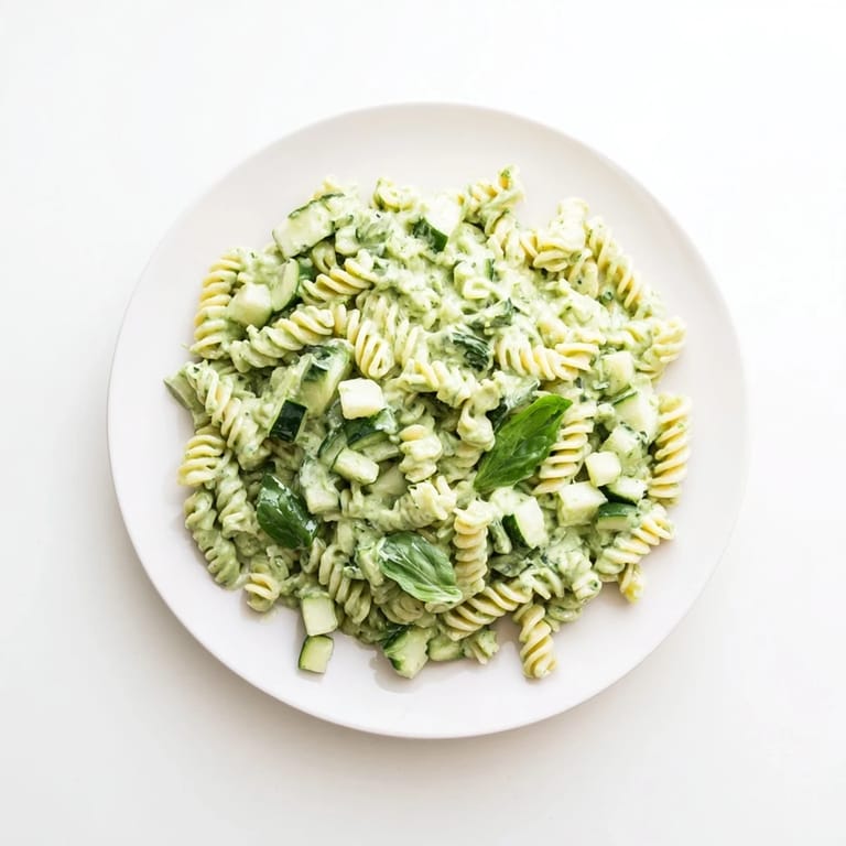 This Green Goddess Pasta Salad is served in a white bowl, perfect for a light lunch or easy potluck side dish.