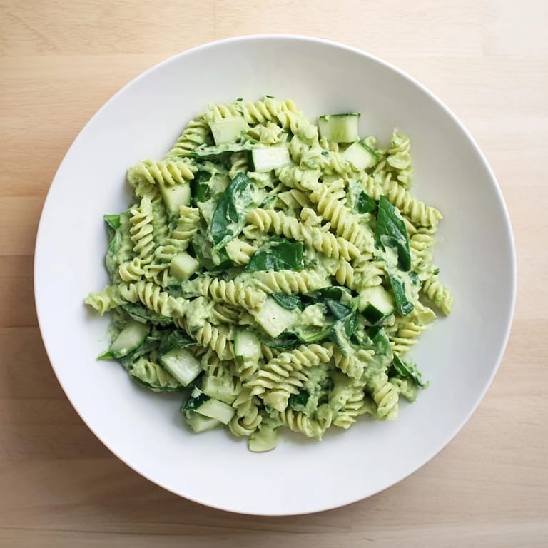 Tossed Green Goddess Pasta Salad features crisp cucumbers and tender pasta coated in a bright, herb-filled dressing, ready to enjoy.