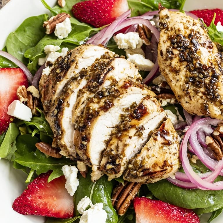 A close-up of the Strawberry Balsamic Chicken Salad showing juicy grilled chicken, creamy feta, and strawberries glistening with tangy glaze.