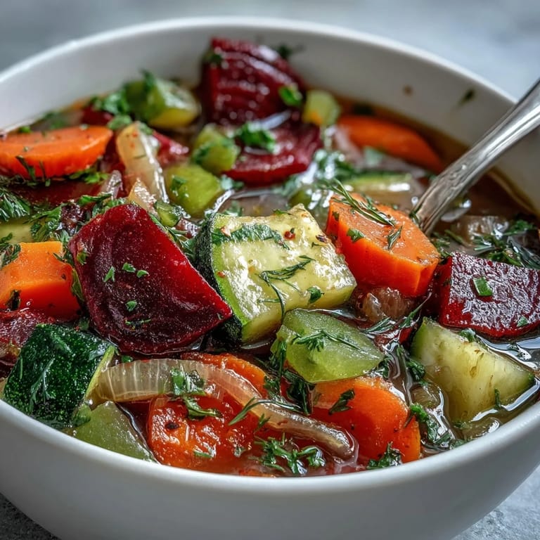 Rainbow Vegetable Detox Soup simmers in a large pot, revealing tender chunks of tomato, bell pepper, and beetroot with fresh herbs floating in the savory vegetable broth.  