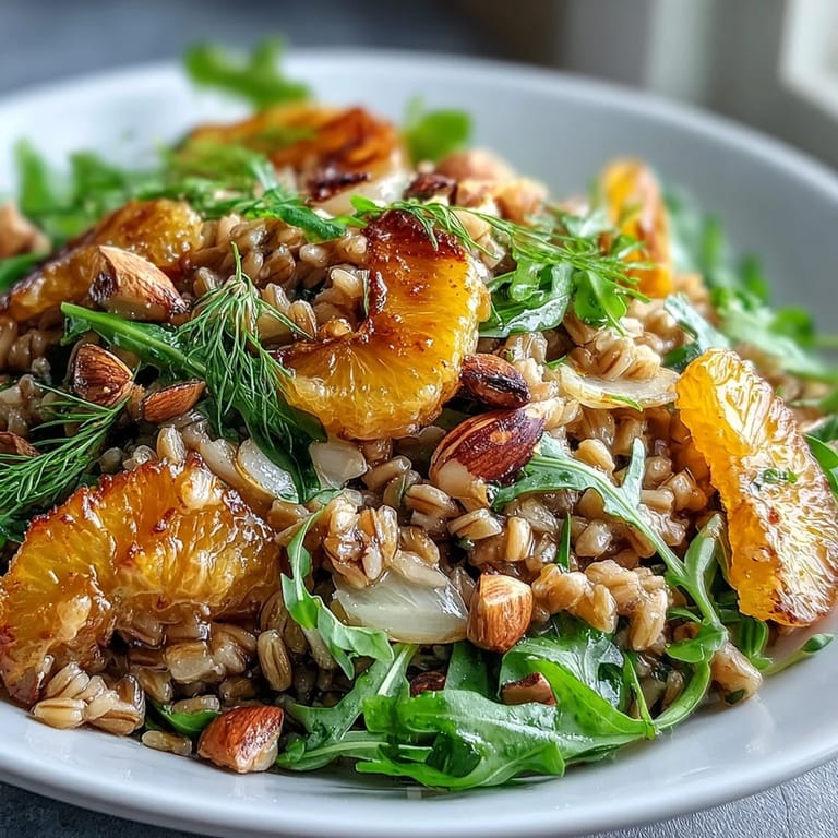 Bright Mediterranean farro salad with crisp fennel, juicy orange segments, and golden toasted almonds on arugula, perfect for a refreshing lunch.