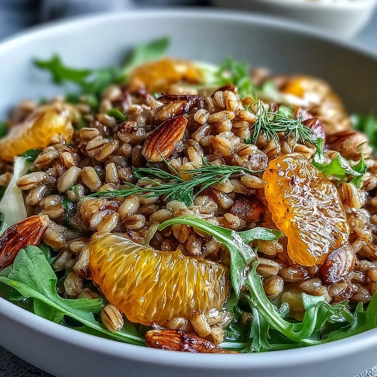Wholesome vegetarian farro salad tossed in citrus vinaigrette with orange slices, shaved fennel, and crunchy almonds, garnished with fresh parsley.