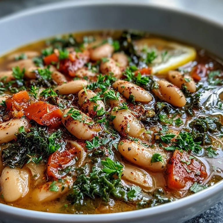 A large pot of Mediterranean White Bean Stew with kale, carrots, and red bell pepper in a rich broth.
