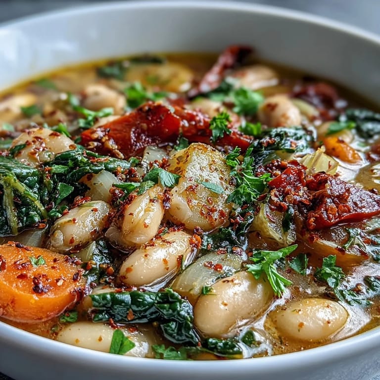 Hearty Mediterranean White Bean Stew in a white bowl, garnished with parsley and a lemon wedge on a wooden table.