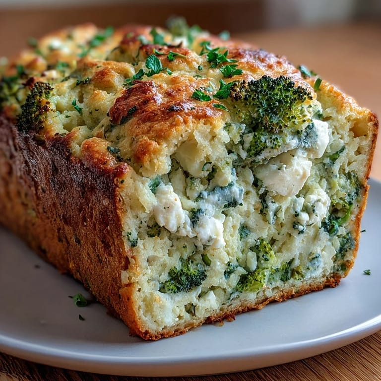 Warm, savory Broccoli and Feta Loaf cooling on a wire rack, steam rising from tender broccoli florets and melty feta cheese crumbles in a rustic kitchen setting.