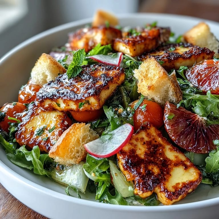 A close-up of Halloumi Blood Orange Fattoush salad with croutons and red onion, drizzled with zesty sumac vinaigrette.