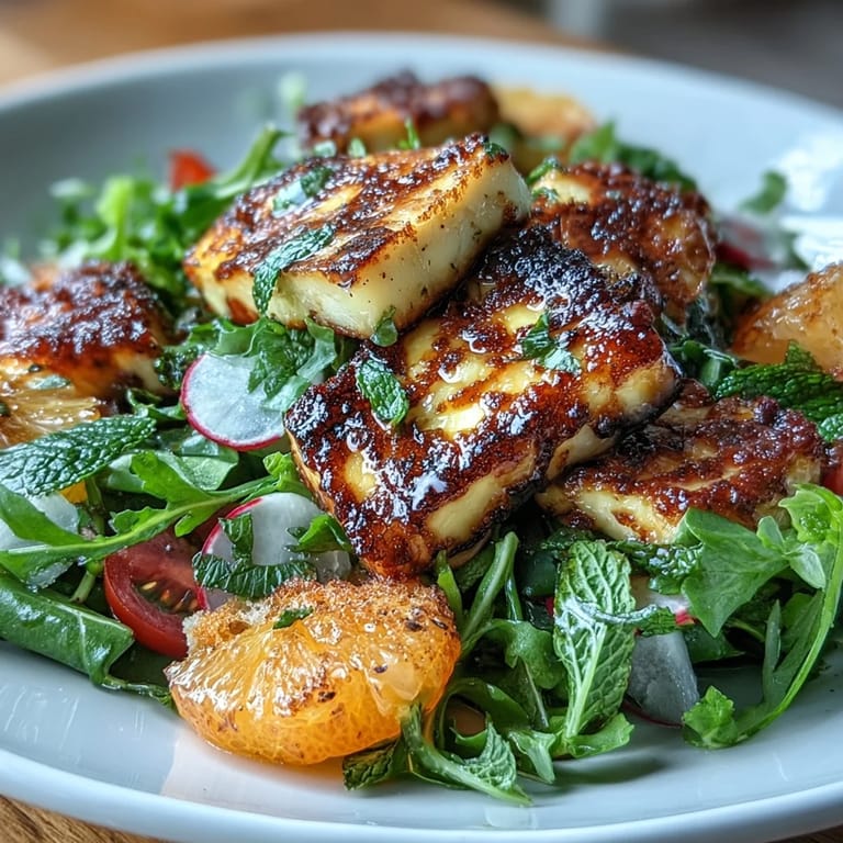 Tossed Halloumi Blood Orange Fattoush features warm cheese, juicy citrus, and crunchy sourdough croutons on a bed of greens.
