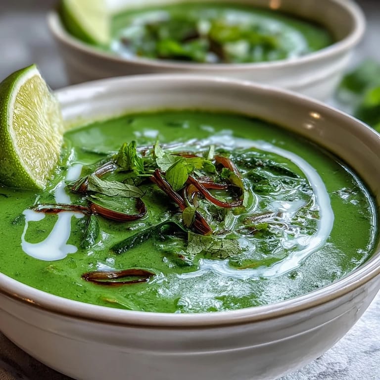 Vibrant vegan soup, Spinach Coriander Lemongrass, creamy coconut milk, vibrant.