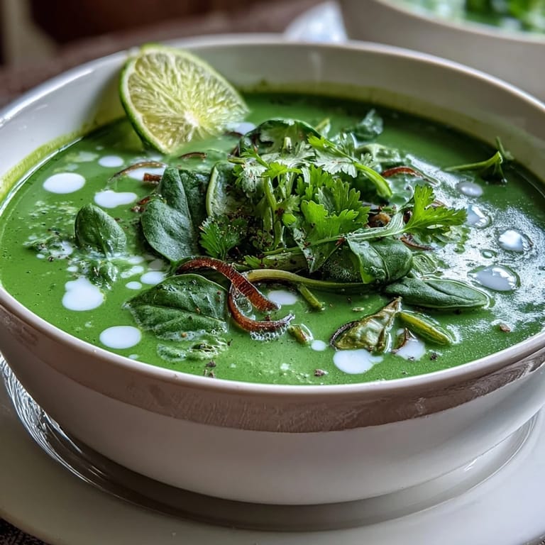 Steaming bowl of Spinach Coriander Lemongrass Soup, seasoned with turmeric.