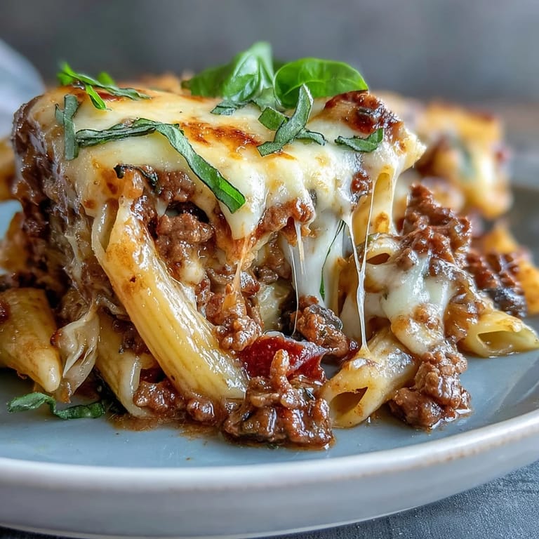 A baked casserole dish of High Protein Italian Beef and Pasta Bake, topped with turkey pepperoni and fresh basil garnish.