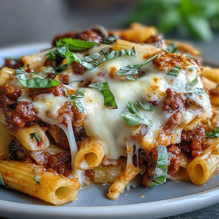 An overhead view of a hearty High Protein Italian Beef and Pasta Bake, featuring whole wheat pasta, lean beef, and colorful veggies.