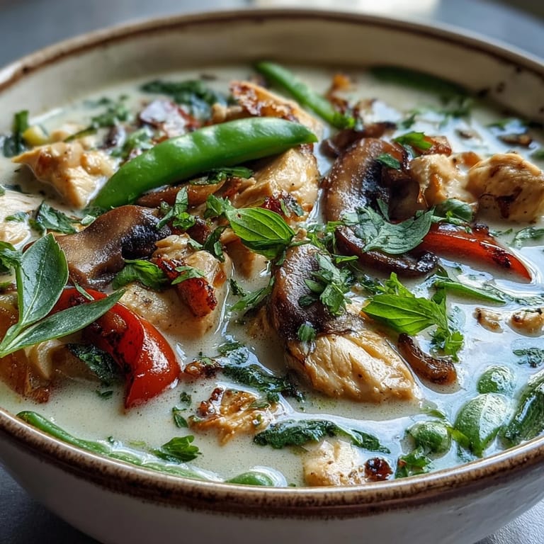 A vibrant Thai Chicken Coconut Curry Soup featuring tender chicken and colorful vegetables in creamy coconut broth.  