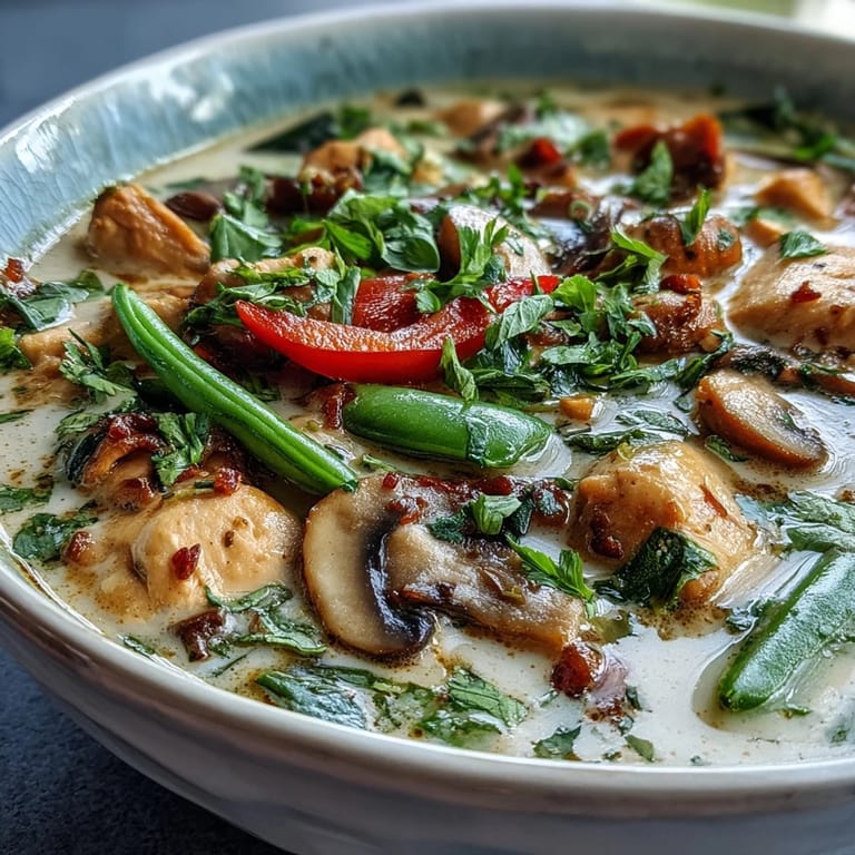 A ladle scooping rich Thai Chicken Coconut Curry Soup, with red bell peppers and snow peas visible.