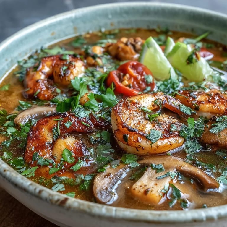 This fragrant Thai soup features mushrooms and lemongrass, garnished with fresh cilantro for a zesty finish.  