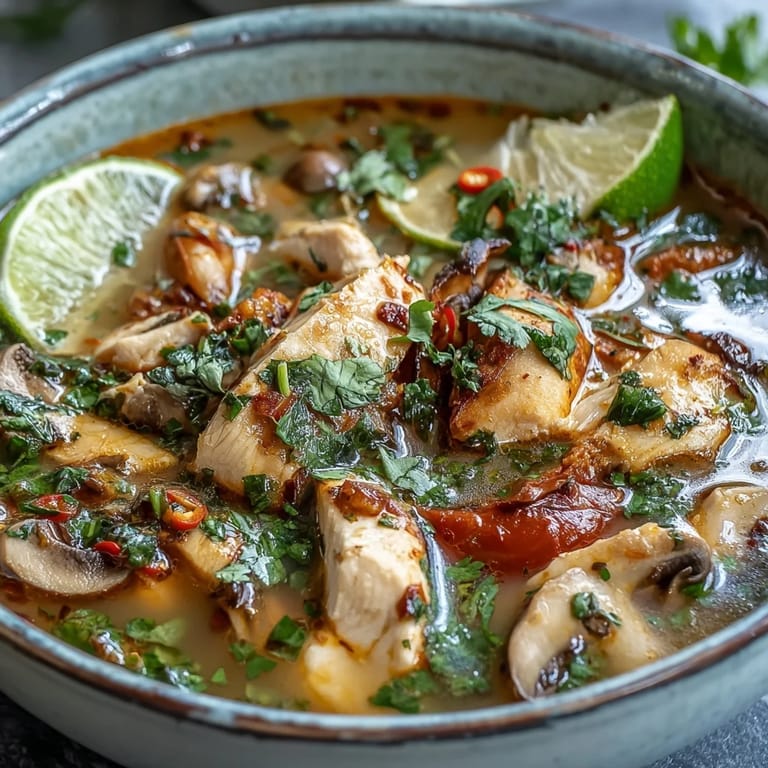 A vibrant bowl of Tom Yum Gai with lime wedges, ready to be served alongside jasmine rice.