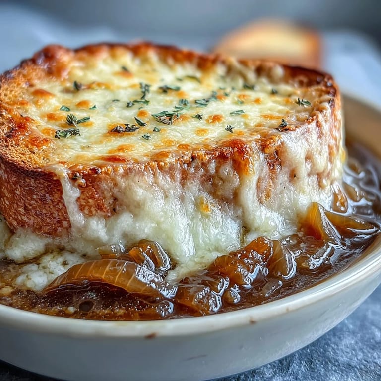 Traditional French Onion Soup served hot, showing rich brown beef broth, sweet caramelized onions, and a toasted baguette covered in gooey cheese.