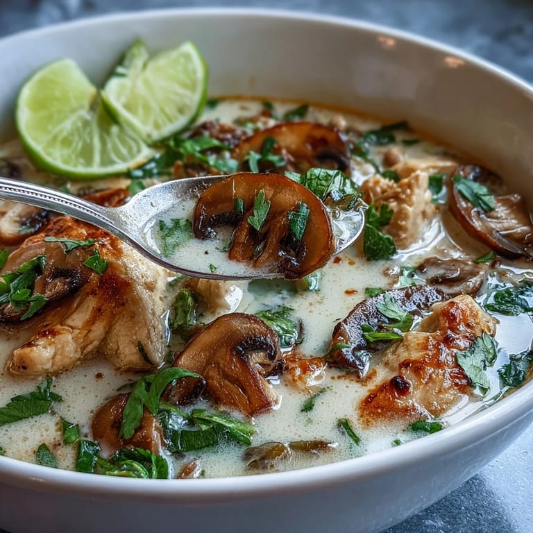 Spoon lifting a bite of Authentic Tom Kha Gai, served over jasmine rice.