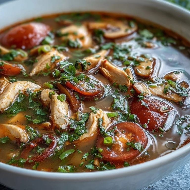 Tom Yum Chicken served hot in a rustic bowl, garnished with fresh cilantro, spring onions, and lime wedges on the side.