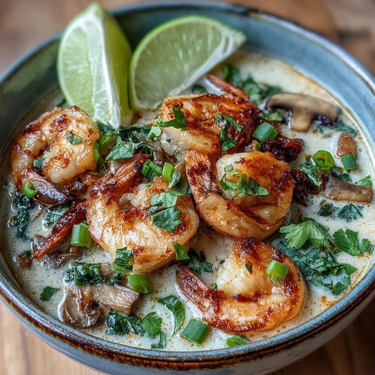 A vibrant bowl of Thai Coconut Shrimp Soup garnished with cilantro and sliced red chili for heat.