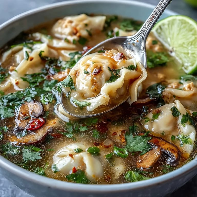 Hearty Tom Yum Wonton Soup served in a rustic bowl, garnished with chili oil, scallions, and wilted baby bok choy.