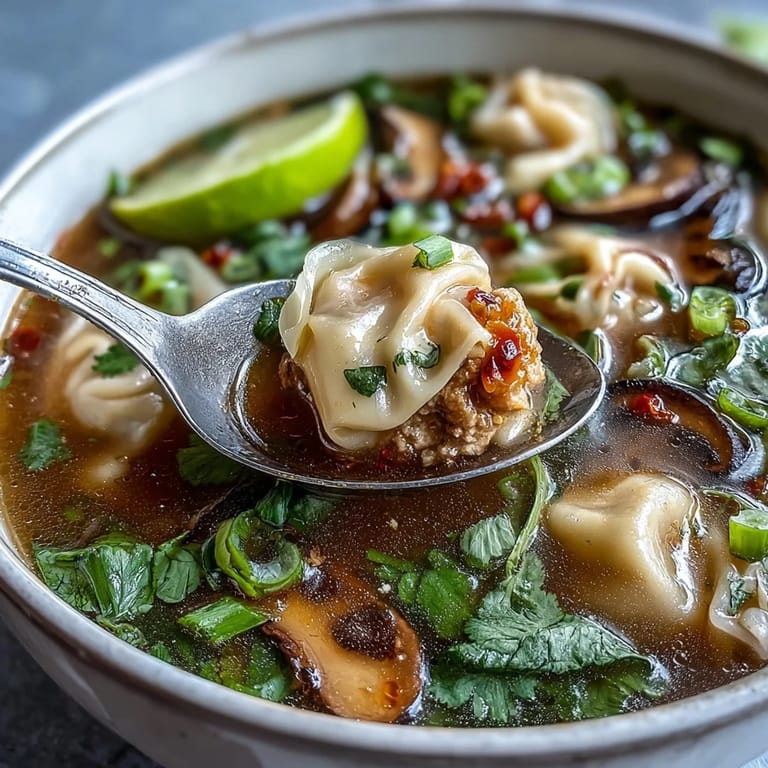 A close-up of Tom Yum Wonton Soup shows glistening broth, floating wontons, and fresh herbs like cilantro and lime wedges.