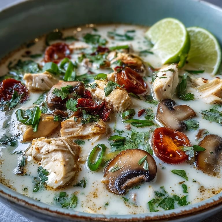 A steaming bowl of Tom Kha Gai Soup garnished with lime wedges, cilantro, and Thai chilies.