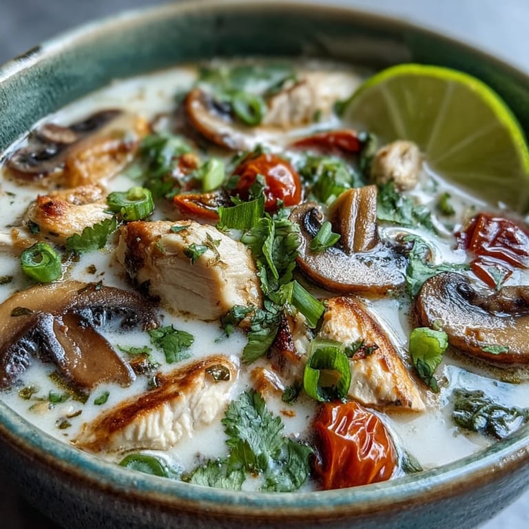 Close-up of Tom Kha Gai Soup featuring coconut milk broth, sliced chicken breast, and oyster mushrooms.