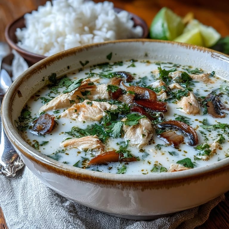 Spooning a ladle of Tom Kha soup over jasmine rice, highlighting the rich broth and tender ingredients.