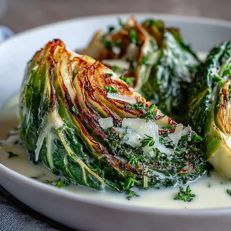 Braised herby cabbage sits in a rich, cheesy broth garnished with extra Parmesan and chopped herbs, perfect for an easy European-inspired side dish.