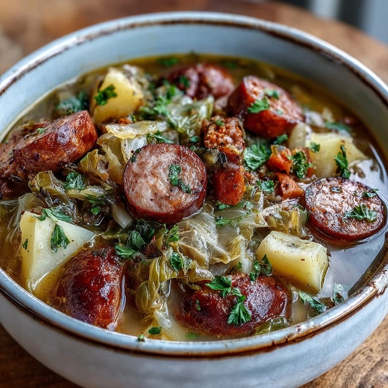 Rustic Sausage, Potato and Cabbage Soup featuring sliced kielbasa, tender cabbage, and diced potatoes.