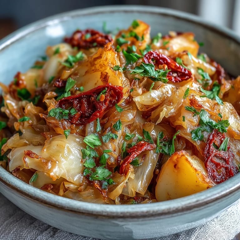 Golden potatoes and soft Braised Cabbage With Potatoes and Chili simmered in chili warmth, finished with fresh parsley for a comforting, easy dinner.