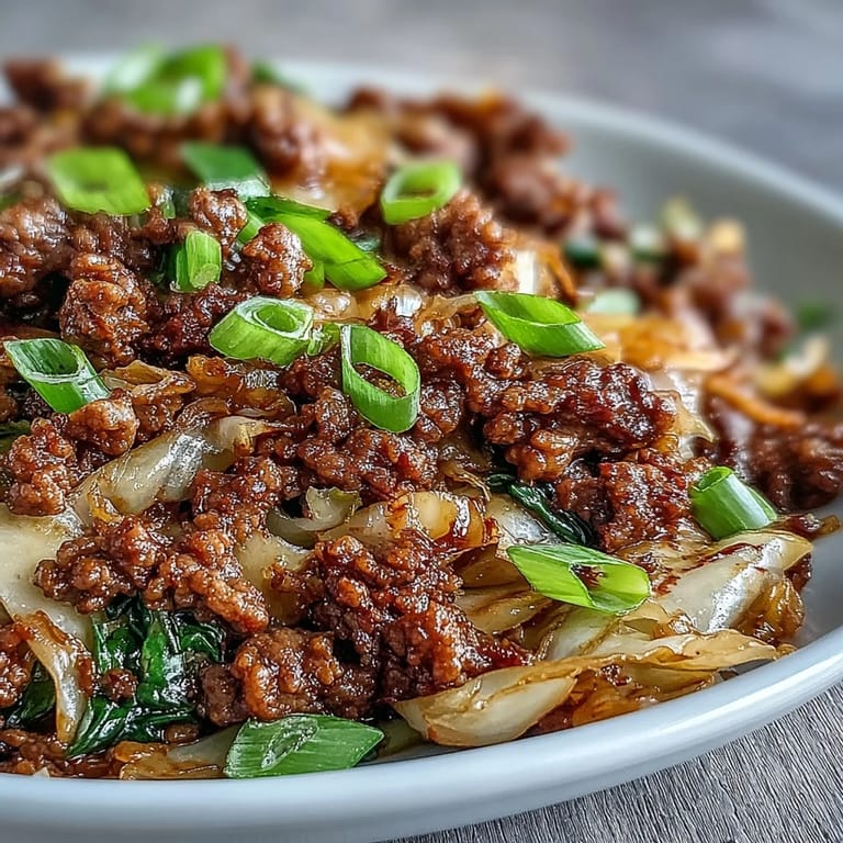Quick weeknight Chinese Ground Beef and Cabbage Stir-Fry in a skillet, showcasing juicy ground beef, vibrant green cabbage, and carrots coated in a glossy umami glaze.