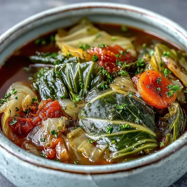 Classic Cabbage Soup simmering in a pot with a wooden spoon, showcasing vibrant vegetable ingredients.