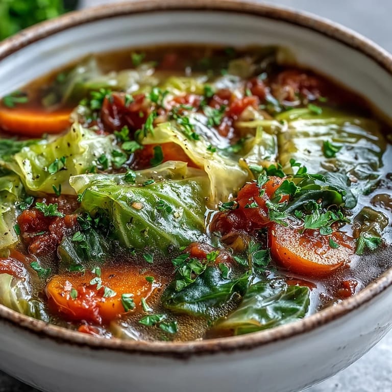 Rustic ladle of Classic Cabbage Soup served in a white bowl, garnished with fresh parsley.
