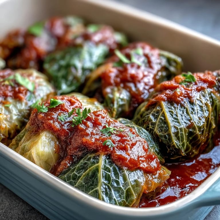 Comforting Eastern European Cabbage Rolls arranged in a baking dish, bubbling with tomato sauce and ready for a family dinner.