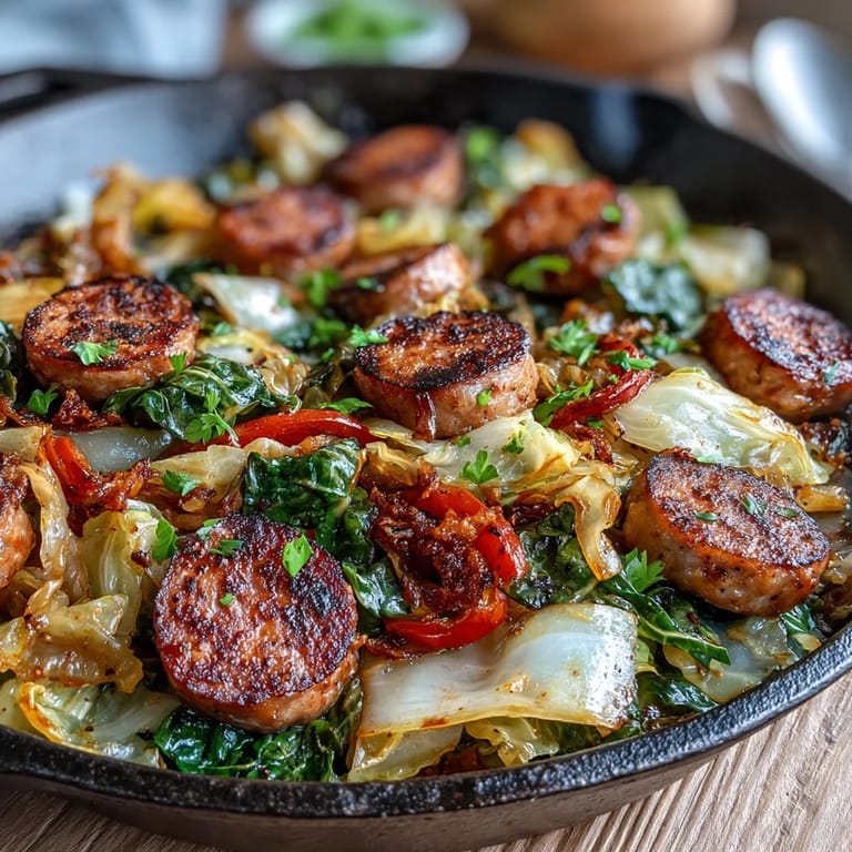 A rustic cast-iron pan showcases the Smothered Cabbage With Sausage Skillet, garnished with fresh thyme.